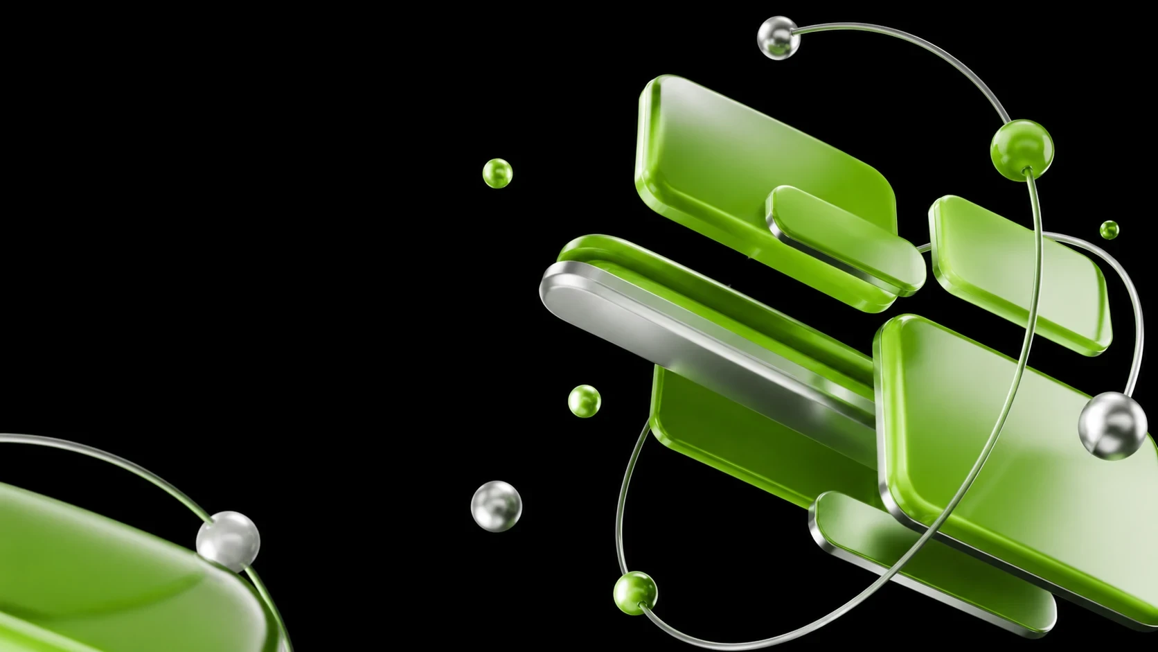 Connected green and chrome modules representing blockchain infrastructure