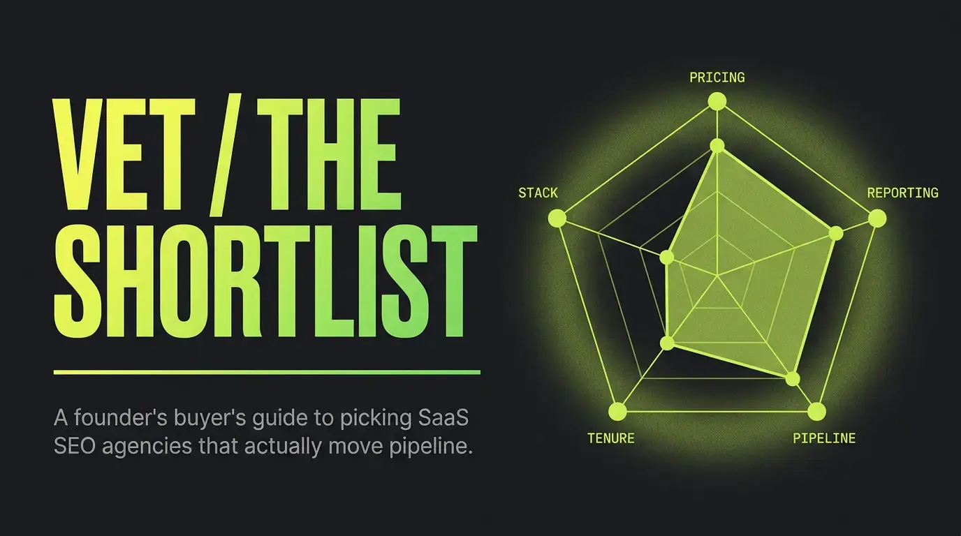 Radar chart comparing SaaS SEO agencies across pricing, reporting, pipeline, tenure, and stack — buyer's guide hero graphic