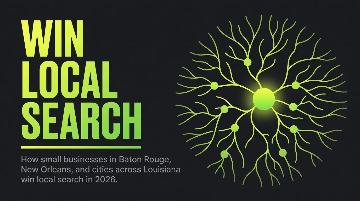 Neural network diagram illustrating local search visibility for small businesses across Baton Rouge, New Orleans, and Louisiana cities