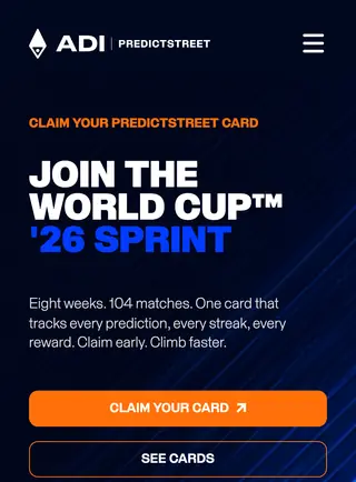 ADI Predict Street home page on a phone, with the sprint headline and the claim and see cards buttons.
