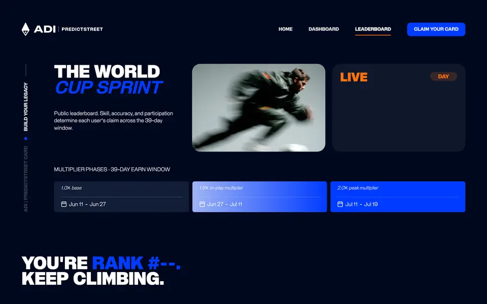 ADI Predict Street leaderboard page on desktop, with the World Cup Sprint heading, three multiplier phases and a rank banner.