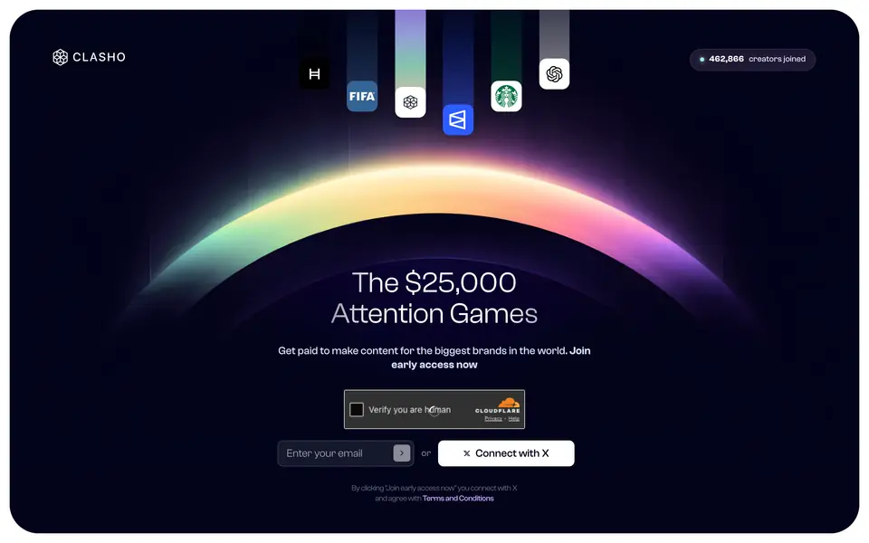 Clasho join page on desktop, with brand logos, a creator counter, an empty email field and Connect with X button.