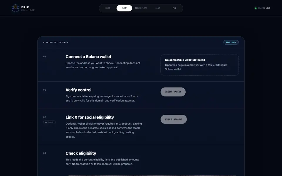 EPIK claim checker on desktop, walking through connecting a wallet, verifying it, linking X and checking eligibility.