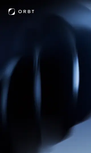 Orbt page on a phone, showing the ORBT logo over a blue and black abstract background.