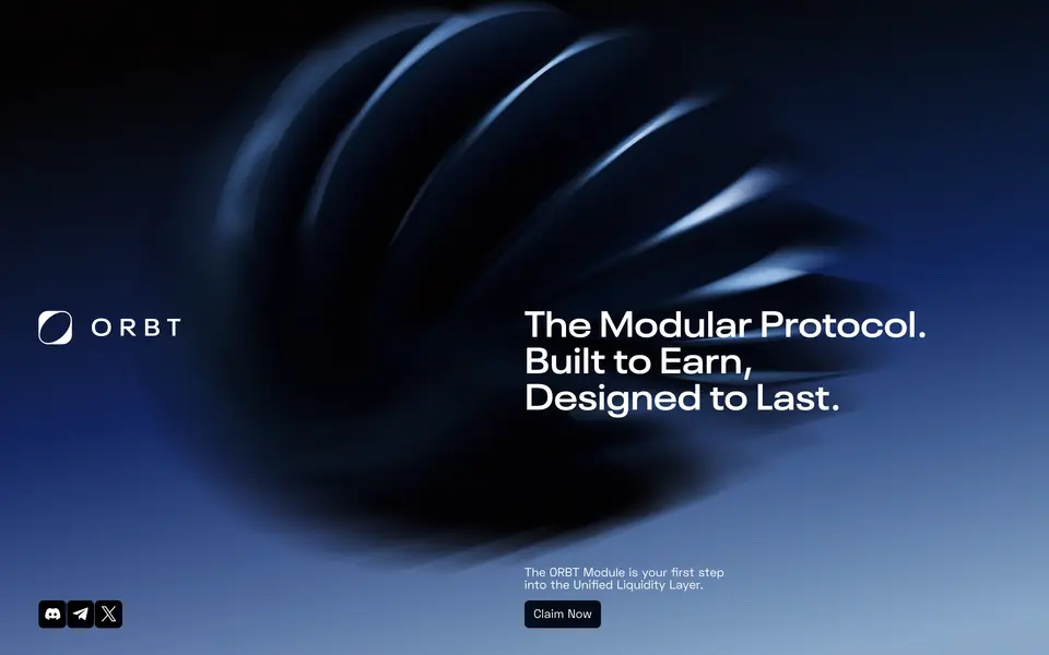 Orbt home page on desktop, with the ORBT logo, The Modular Protocol headline and Claim Now button.