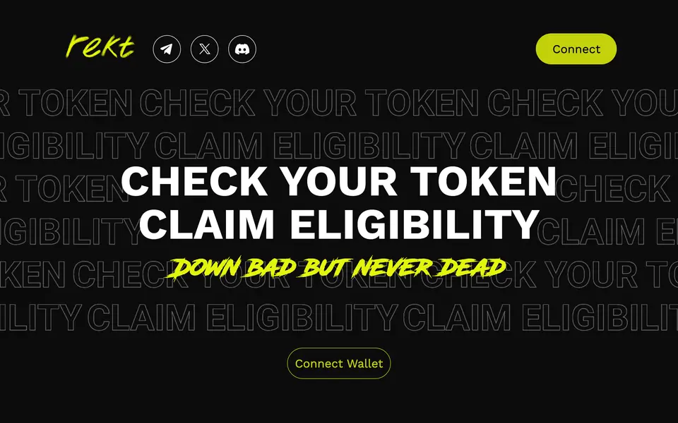 REKT claim platform home page on desktop, with token eligibility and a Connect Wallet button.