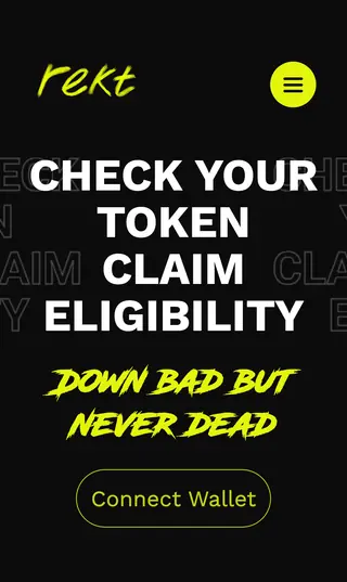 REKT claim platform home page on a phone, with token eligibility and a Connect Wallet button.